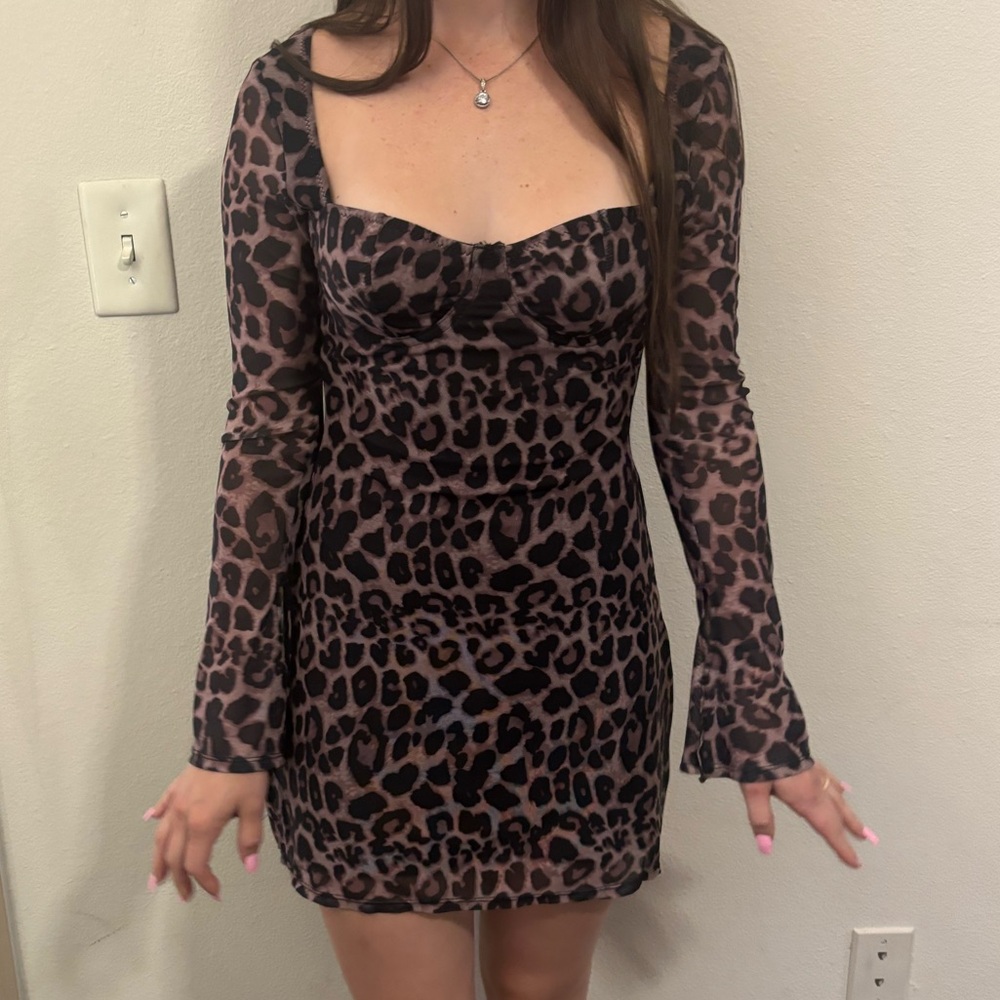 SHEIN Animal Print Long Sleeve Underwire Lightweight Lined Mini Dress Size S